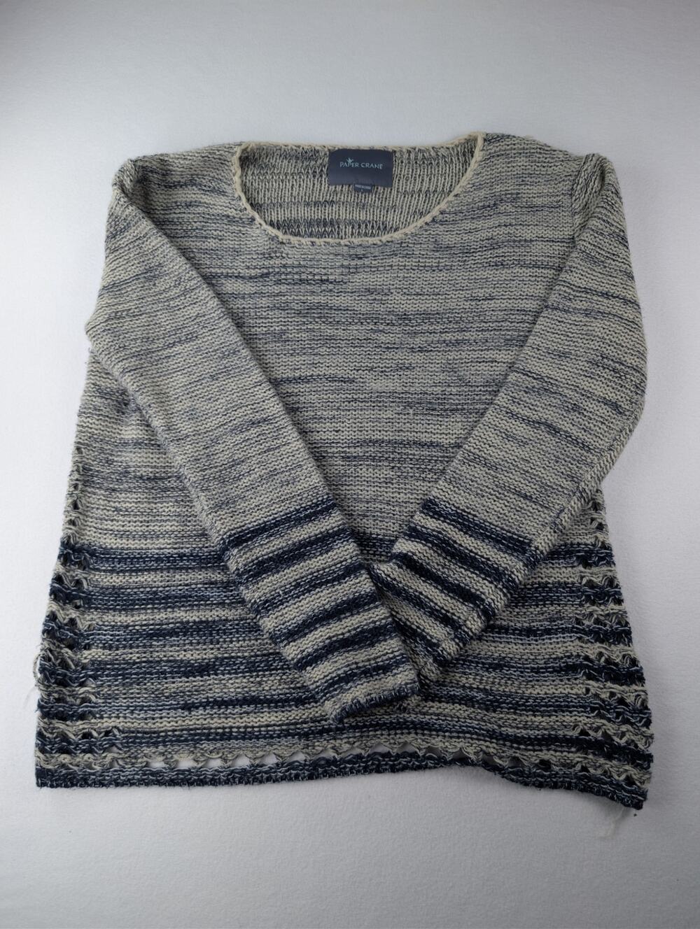 Paper Crane Women’s L Marled Open Knit Striped Pullover Sweater Gray Cream